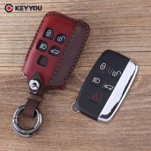 KEYYOU Key Shell Case Keychain Car Key Bag Fob For Land Rover Range Rover Evoque Discovery 4 5 Buttons Leather Key Cover