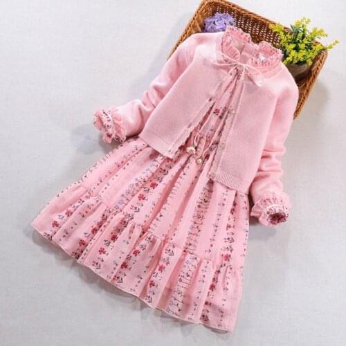 Kids Girl Clothes 2 Piece Set Pink Knitted Cardigan Sweater Coat and Long Sleeve Print Flower Princess Dress for Girls Clothing