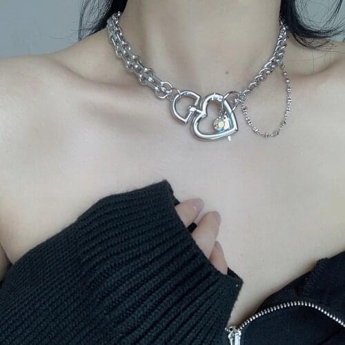 HUANZHI New Punk Silver Colour Metal Choker Multi-layer Hollow Love Heart Thick Chain Rhinestone Necklace for Women Party