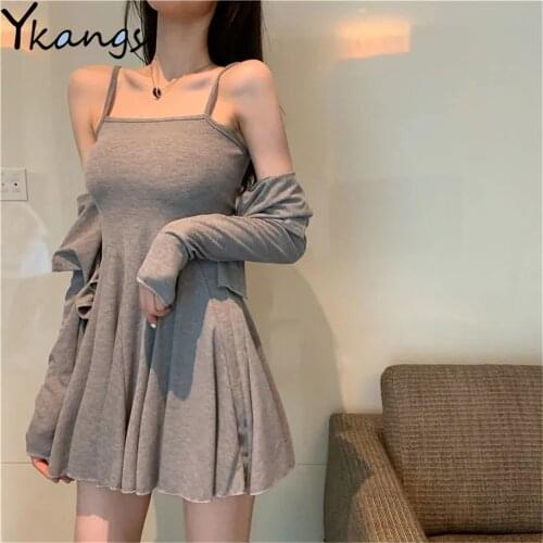 Summer Temperament 2pcs Set Hedging Slim Sling Dress + All-Match Short Thin Jacket Women Sweetshirts 2021 Casual Suit Streetwear