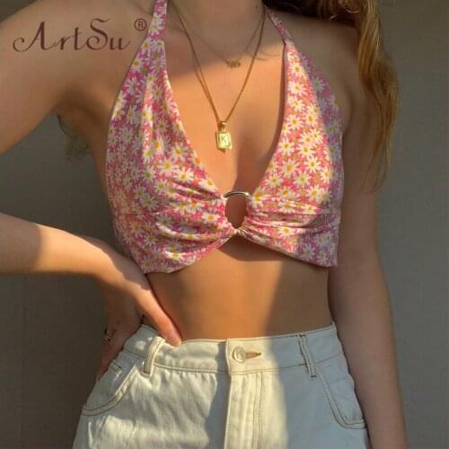 ArtSu Girls Cute Floral Print Y2K Halter Tank Top Women Backless V-Neck Pink Bandage Crop Tops Summer Tees Streetwear
