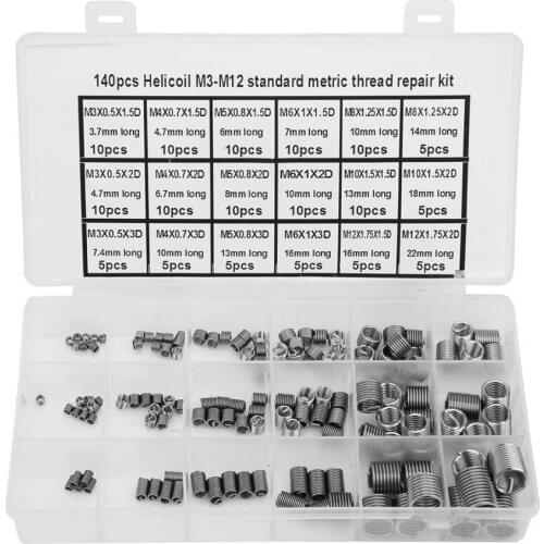 140Pcs M3/M4/M5/M6/M8/M10/M12 Wire Screw Thread Insert Stainless Steel Threaded Bushing Sleeve Helical Thread Repair Tool Kit