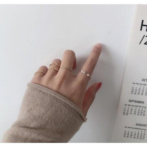 5PCS/Set Fashion Minimalist Style Personality Gold Geometric Wave Opening Rings Adjustable Circle Pearl Rings Set For Women