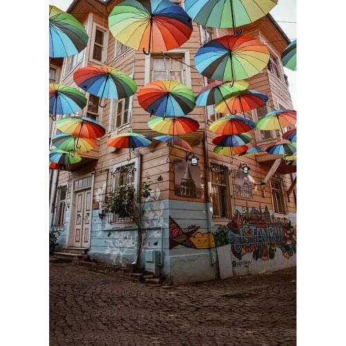 Rainbow Umbrella Graffiti Building Backdrop for Photography Custom Backgrounds for Children Lovers Portrait Photo Studio Props