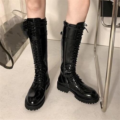 PXELENA Riding Knight Knee High Boots Women Punk Gothic Lace Up Buckle Med Heels Motorcycle Biker Combat Military Long Boots 43