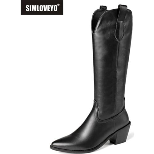 SIMLOVEYO 2021 Square High Heel PU Leather Knee High Boots Women Shoes Pointed Toe Western Style Zipper Big Size 34-46 S2348