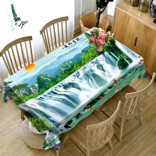 Chinese Style Tablecloth 3d Waterfall and High Mountains Landscape Pattern Washable Thicken Rectangular Table Cloth for Wedding