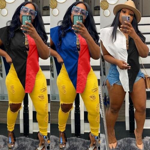 Contrast Color Patchwork Womens Blouse Chic Turn Down Collar Sleeveless Irregular Shirts Office Lady Side Split Button Tops