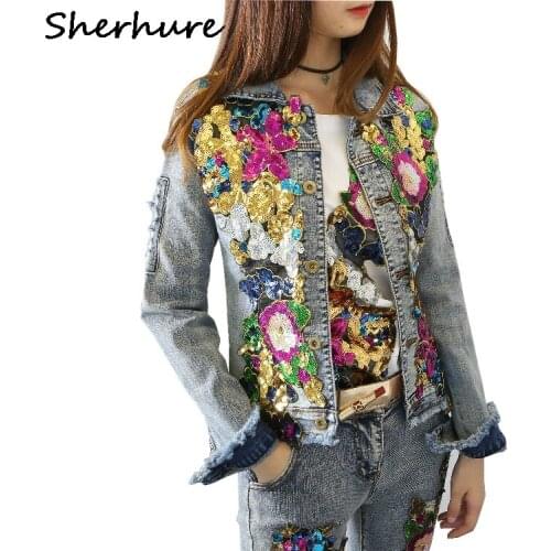 2020 Autumn Full Sequins Embroidery Denim Punk Cool Women Jacket Coat Tops Jaqueta Feminina
