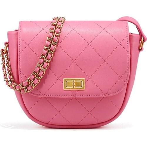 Split leather women fashion plaid chain shoulder bag small cover saddle bags