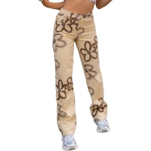 Women Straight Leg Jeans High Waist Floral Print Loose Denim Pants with Pockets