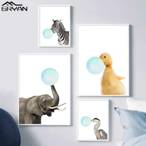 Animals Blow Balloon Baby Nursery Canvas Painting Duck Elephant Zebra Bubble Gum Prints Poster Wall Art Kids Child Picture Decor