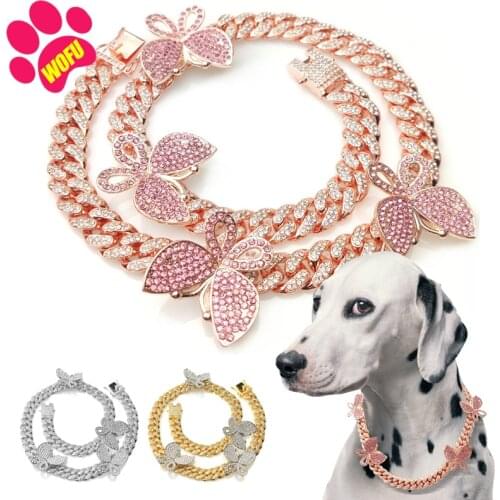 WOFUWOFU Butterfly Diamond Dog Gold Collar，Dog Diamond Collar，Luxury Crystal Large Dog Collar，Jewelry and Accessories