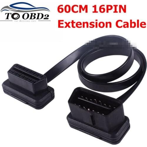 OBDII OBD2 16PIN Extension Cable 60cm Connector Car Adapter Cable Male To Female Connector Elbow Flat Cable