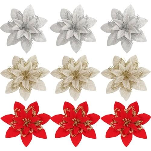 2/5/10pcs 20cm Artificial Flowers Christmas Poinsettia Flower Christmas Tree Decorations for Home Wedding Xmas Party Supplies
