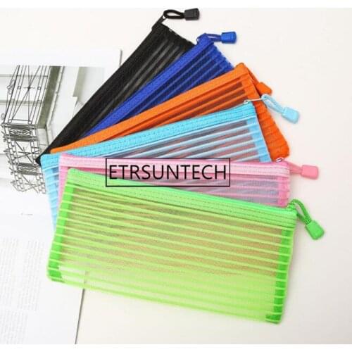 200pcs Transparent Stripe Nylon Yarn Pen Bag Zipper Portable Folder Pencil Bag Cosmetic Makeup Storage Bag
