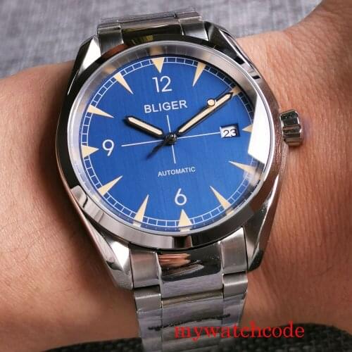 40mm Bliger NH35 Automatic Men Watch Sapphire Glass Date Indicator Black/Blue/White/Green Dial Stainless Steel Bracelet