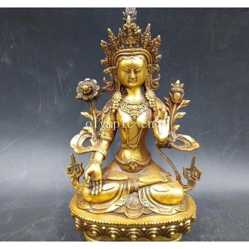 9'' copper brass carved flower buddhism Avalokitesvara White Tara statue