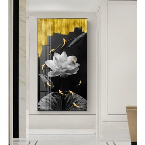 Abstract Gold fish Lotus Canvas Painting Golden Foil Poster Print New Chinese Wall Art Pictures for Living Room tableaux Poster