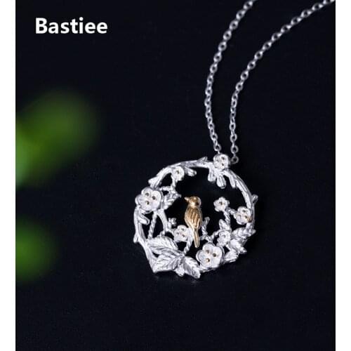 Bastiee Bird Necklace Pendant 925 Sterling Silver Jewelry For Women Link Chain Plum Blossom Flower Chinese Accessories