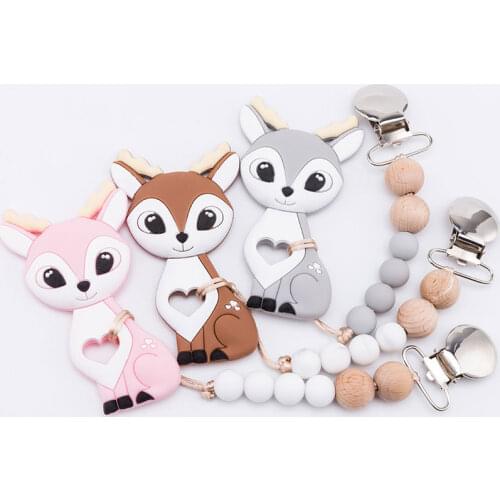 Baby Pacifier Clips Chain Food Grade Silicone Sika Deer Teether Wooden Pacifier Chain Rodents Baby Teether Car Toys Baby Goods