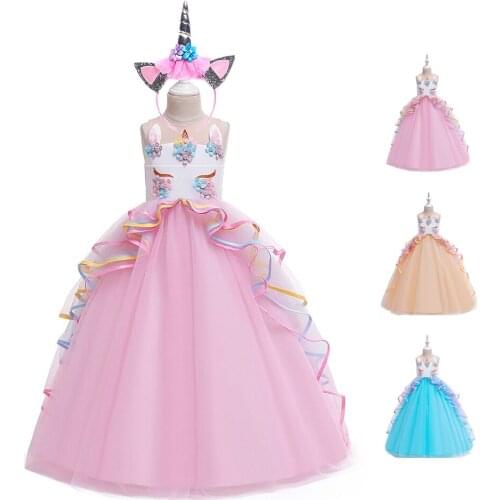 YOFEEL Fantasy Unicorn Dress for Girl Flower Layered Costume Child Unicornio Party Ball Gown Kids Princess Long Wedding Dress