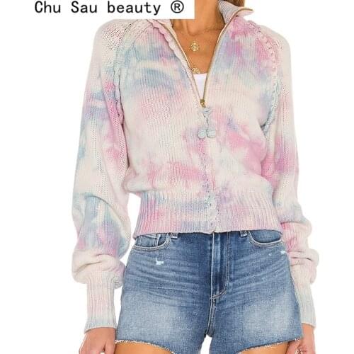 New Autumn Sweet Chic Tie Dye Zipper Knitted Cardigan Coat Women Fall Long Sleeve Sweaters Female Fashion Knit Cardigans