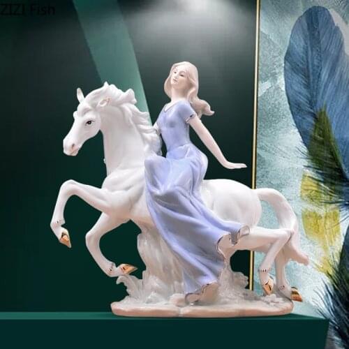 Classical Western Girl Ceramics Portrait Horse Riding Statue Figurines Vintage Home Decor Desk Decoration Porcelain Statuette