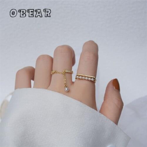 OBEAR 14k Real Gold Plating Exquisite Pavé Crystal White Pearl Ring Fashion Anniversary Jewelry Accessories
