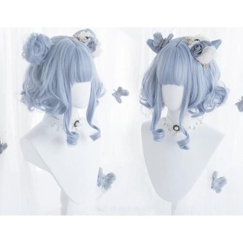 Lolita Anime Cosplay Wig Short Curly Blue Buns Lady Party Bob Clips Synthetic Heat Resistant Hair