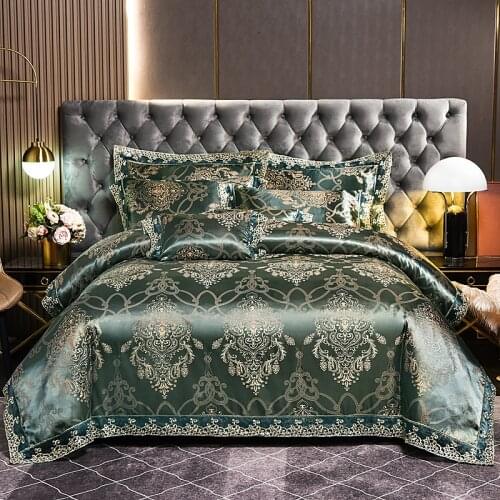 Cool Green Satin Jacquard Brushed Bedding Set Duvet Cover Set Bed Linen Pillowcase pillow Fitted Sheet HomeTextile King Queen