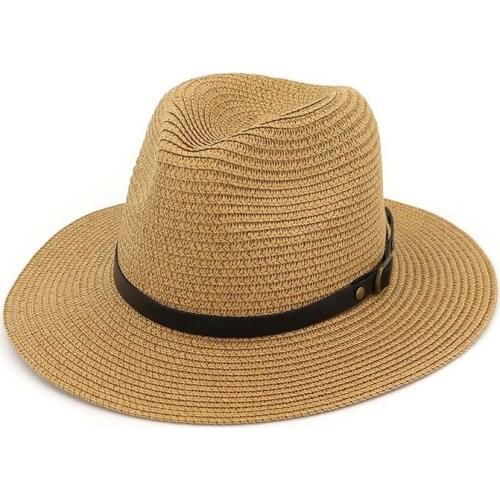 Summer Women Straw Jazz Fedora Hat with Belt Buckle Flat Brim Panama Beach Hat Outdoor Travel Holiday Sunshade Cap GH-633