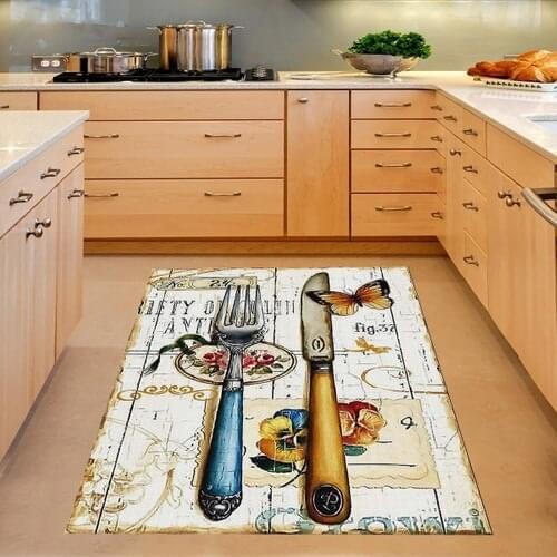 Fork Knife Pattern Digital Print Washable Anti-Slip Outsole Stain-resistant Kitchen Rug