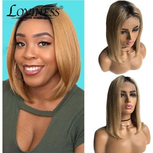 Ombre Brown Lace Wigs Glueless Straight 13x1x4 Lace Front Human Hair Bob Wigs Brazilian Remy Pre Plucked Bleached Knots Lace Wig