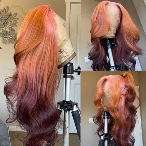 Ombre Pink Orange Red Lace Frontal Wigs Wavy 13X4 Lace Front Wig Full Density Brazilian Remy Hair Colored Human Hair Wigs
