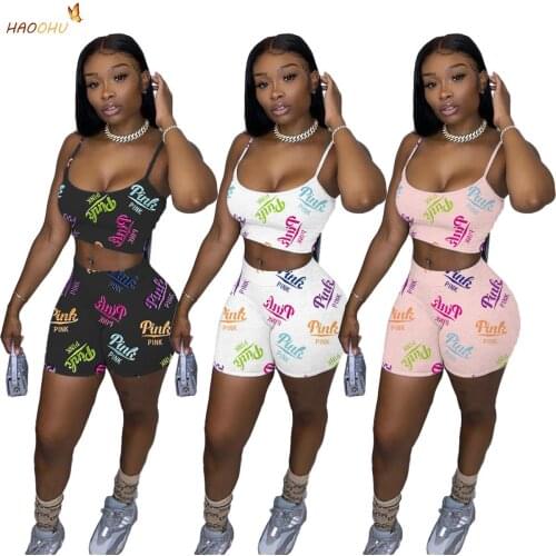 HAOOHU Casual Shorts Camisole New letter Womens Top Suit Style Suit Printing Summer Two-piece Loose