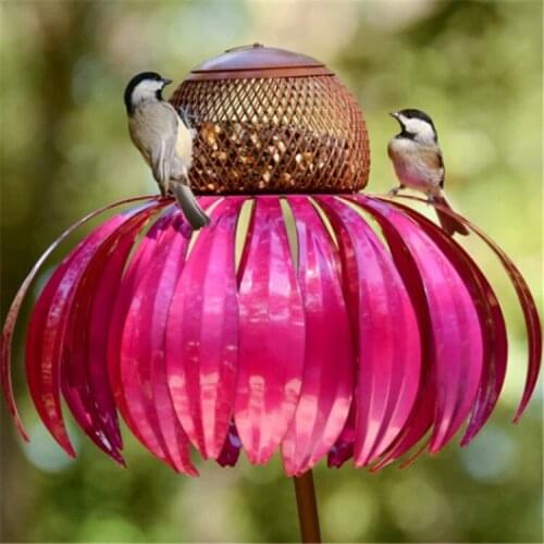 Desert Steel Pink Coneflower Standing Bird Feeder Outside Rusts Resistant Garden Art Metal Birdfeeder With Stand