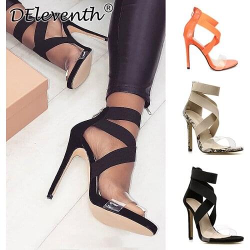 PVC Jelly Sandals Open Toe 11.5CM High Heels Women Sandals Transparent Round Toe Thin High Heels Elastic band ZIP Shallow shoes