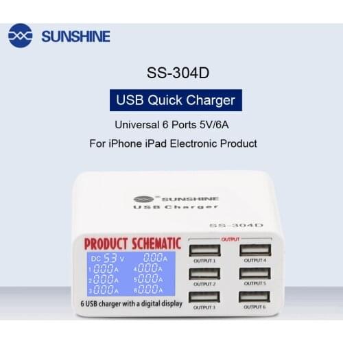 SS-304D Multi-Function Universal 6 Ports USB Quick Charger 5V/6A Fast Charge For iPhone iPad Electronic Product