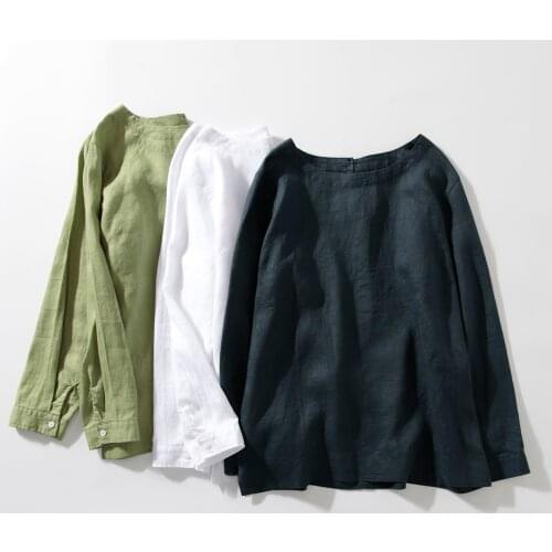 Pure linen top Pullover Crew Neck Long Sleeve bottomed shirt linen base versatile T-shirt 2021 autumn women 376