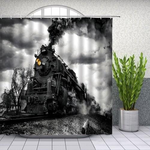 Hot Sale Retro Train Shower Curtains Steam Engine Bathroom Decor Home Bath Waterproof Polyester Curtain Set Cheap