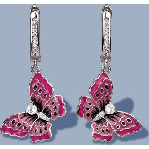 Silver Earrings for Women 925 Sterling Silver Butterfly Earrings Silver Cubic Zirconia Brincos Party Jewelry Enamel