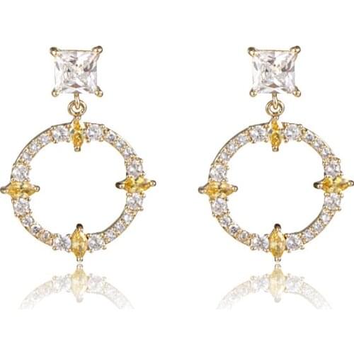LADYCHIC New Trendy Yellow Crystal Stud Earrings Micro Pave CZ Gold Silver Color Round Charming Stud Earrings Jewelry LE1434
