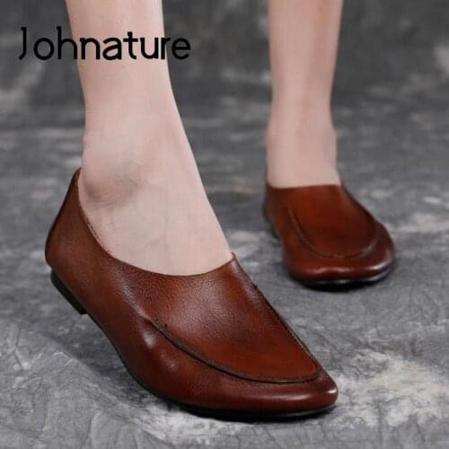 Johnature Autumn 2020 New Flats Women Shoes Genuine Leather Round Toe Shallow Casual Handmade Concise Leisure Ladies Shoes