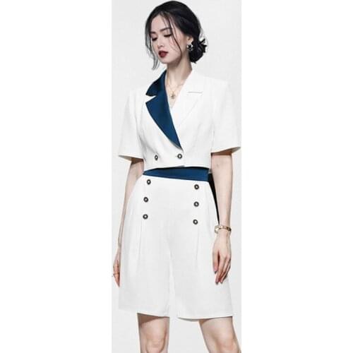 2021 Summer New Suit Two Piece Set Women Notched Collar Double-Breasted Short Sleeve Blouse + Hight Waist Shorts Suit Femme