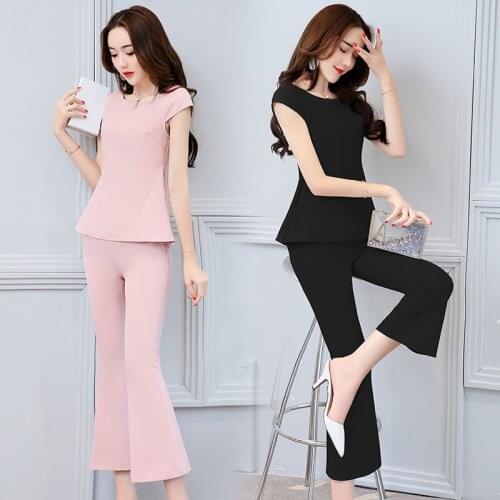 Spring Summer Two Piece Suit High Quality Short Sleeve Office Blouses With Pants Female Two Pieces Work Wear Blouses Femininas