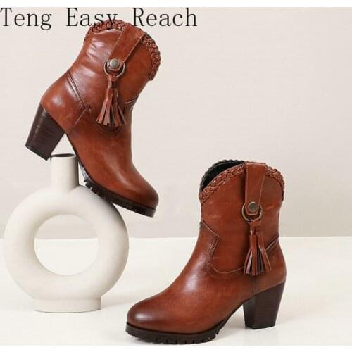 2021 Retro Round Toe Chunky High Heels Brown Womens Boots with Tassel Extra Plus Size 46 47 48 Luxury Woman Shoes Ankle Boots