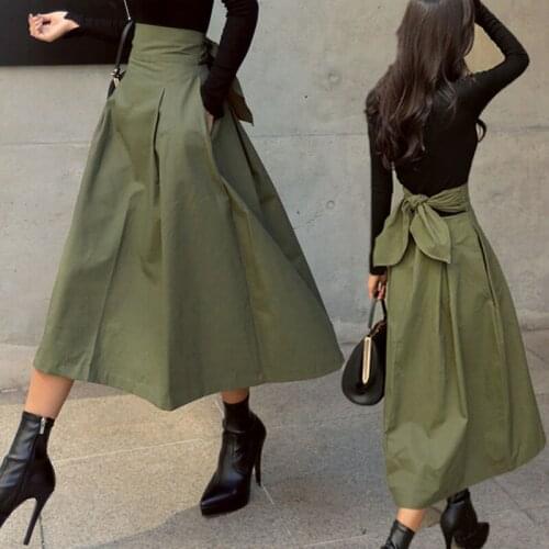 ArmyGreen Spring Autumn 2021 New Bow Skirts Jupe Empire A-LINE Skirt Women Casual Ankle-Length Cotton Skirts Womens Jupe Femme