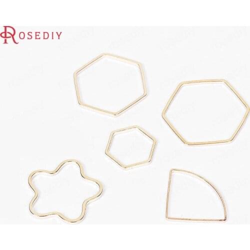 B066)30 pieces Gold Color Brass Flower Hexagon Sector Shape Solid Closed Connect Rings Diy Earrings Accessories Findings