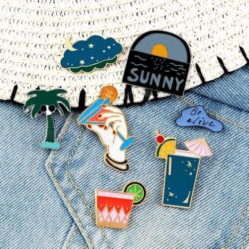 Cartoon Brooch Juice Drink Coconut Tree Star Cloud Sunny Enamel Pins Travel Lapel Bag Buckle Badge For Women Men Jewelry Gift